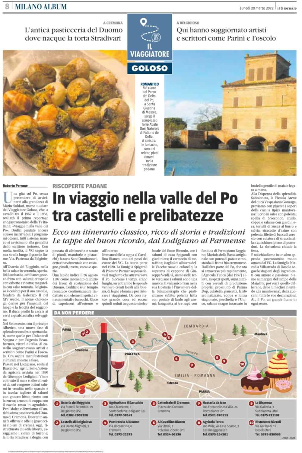 articolo di giornale In viaggio nella valle del Po tra castelli e prelibatezze